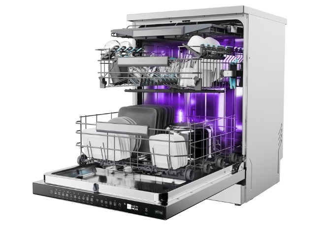 Haier XF 4A4M4BX mosogatógép, 14 teríték, Bio Led fertőtlenítő fénnyel, 3 kosár, Wifi, automatikus ajtónyitás, inverter motor, 59.7x59.8x85 cm, inox szín 