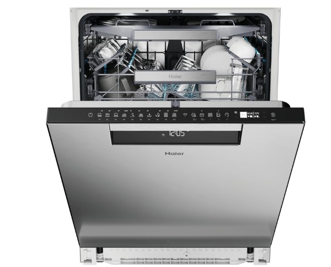 Haier XU 4A4M4PSX pult alá építhető kezelőpaneles mosogatógép,  inox gyári előlappal, 14 teríték, Wifi, inverter motor, 3 kosár, automatikus ajtónyitás, 59.7x55.5x81.8 cm