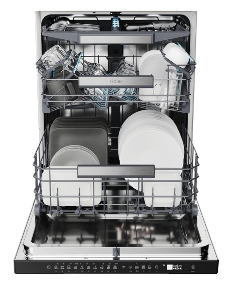 Haier XU 4A4M4PSX pult alá építhető kezelőpaneles mosogatógép,  inox gyári előlappal, 14 teríték, Wifi, inverter motor, 3 kosár, automatikus ajtónyitás, 59.7x55.5x81.8 cm