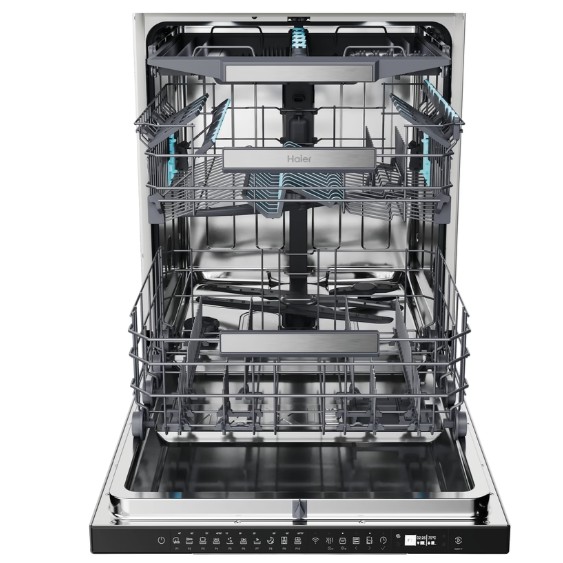 Haier XU 4A4M4PSX pult alá építhető kezelőpaneles mosogatógép,  inox gyári előlappal, 14 teríték, Wifi, inverter motor, 3 kosár, automatikus ajtónyitás, 59.7x55.5x81.8 cm