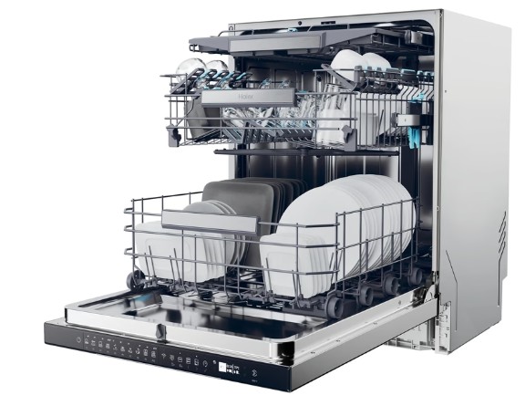 Haier XU 4A4M4PSX pult alá építhető kezelőpaneles mosogatógép,  inox gyári előlappal, 14 teríték, Wifi, inverter motor, 3 kosár, automatikus ajtónyitás, 59.7x55.5x81.8 cm