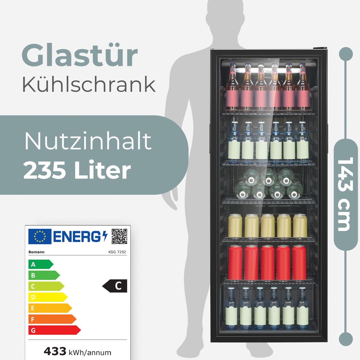 Bomann KSG7292 fehér üvegajtós italhűtő, 236L, 55x55x143 cm