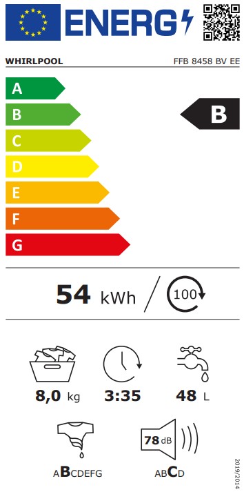 Whirlpool FFB 8458 BV EE elöltöltős mosógép, 8 kg, inverter motor, gőz, 59.5x63x84.5 cm