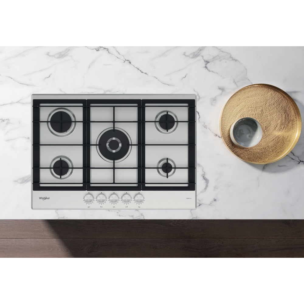 Whirlpool GMWL 728/IXL beépíthető gáz főzőlap, 73x51x4.1 cm, 5 gázégő, wok égőfej, inox ixelium szín