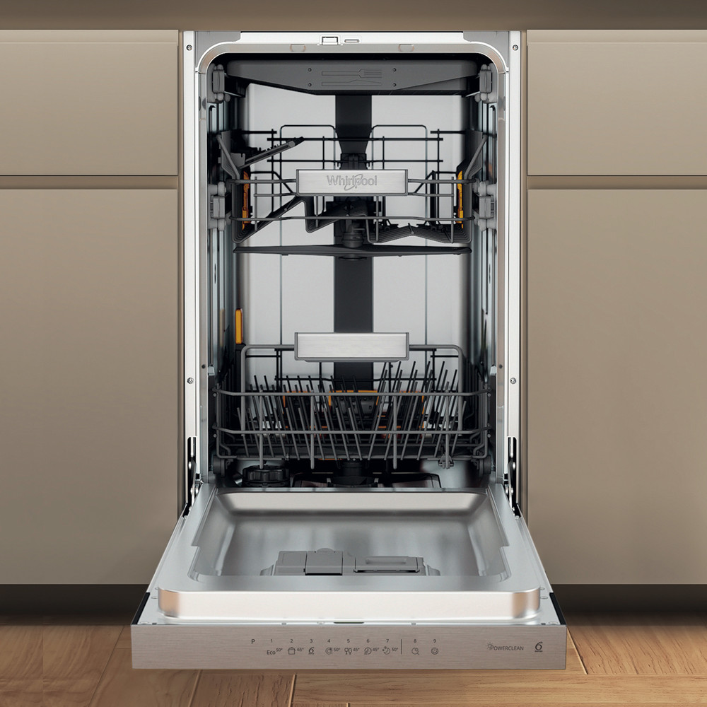 Whirlpool WH6PB10BS7A0 beépíthető kezelőpaneles mosogatógép, 10 teríték, 3 kosár, automatikus ajtónyitás, 44.8x55.5x82 cm