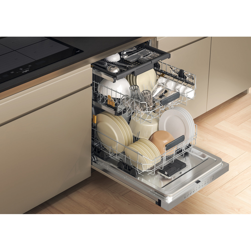 Whirlpool WH7PC15B4M60 beépíthető kezelőpaneles mosogatógép, 3 kosár, automatikus ajtónyitás, 15 teríték, 59.8x55.5x82 cm, inox szín 