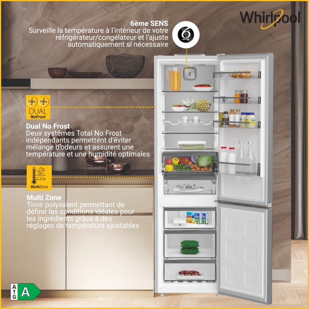 Whirlpool WHK 25404 XP8E Total No Frost alulfagyasztós kombinált hűtőszekrény, 249/106L, Zen Inverter kompresszor, 59.5x66.3x203.5 cm, új ezüst szín