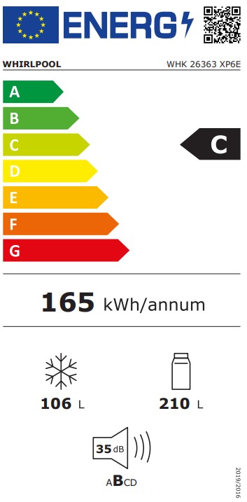 Whirlpool WHK 26363 XP6E Total No Frost alulfagyasztós kombinált hűtőszekrény, 210/106L, Zen Inverter kompresszor, 59.5x66.3x186.5 cm, inox szín 