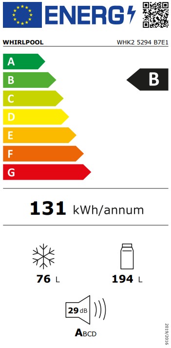 Whirlpool WHK2 5294 B7E1 Total No Frost beépíthető alulfagyasztós kombinált hűtőszekrény, Zen Inverter Kompresszor, 194/76L, 54x55x177.5 cm