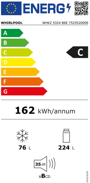 Whirlpool WHK2 5324 B6E Total No Frost beépíthető alulfagyasztós kombinált hűtőszekrény, 224/76L, Zen Inverter Kompresszor, 54x55x193.5 cm