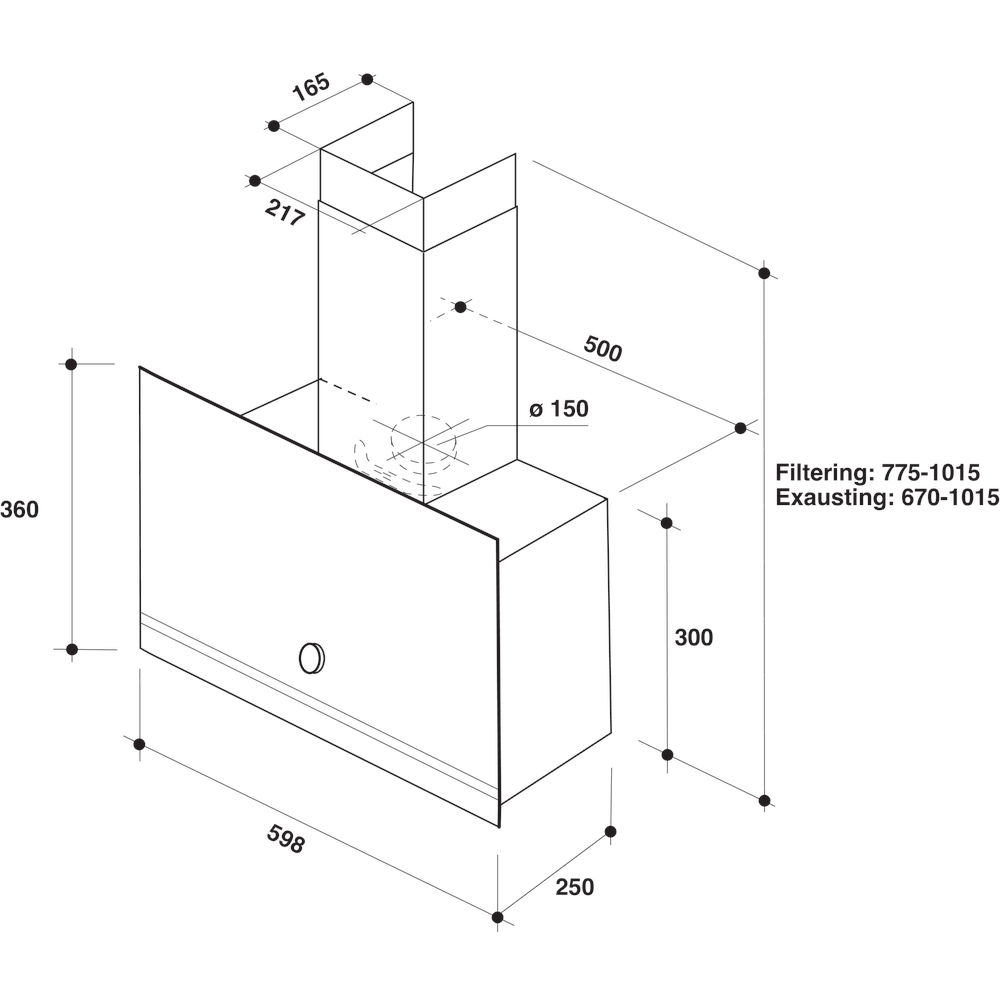 Whirlpool WHVA 62F LM K beépíthető falra szerelhető döntött kürtös konyhai elszívó, 59.8x25x77.5 cm, fekete szín 