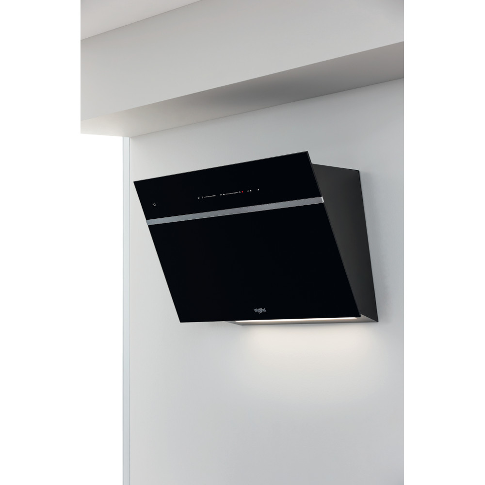 Whirlpool WHVS 90F LT C K beépíthető falra szerelhető döntött kürtös konyhai elszívó, 50.4x37x89.8 cm, fekete szín 