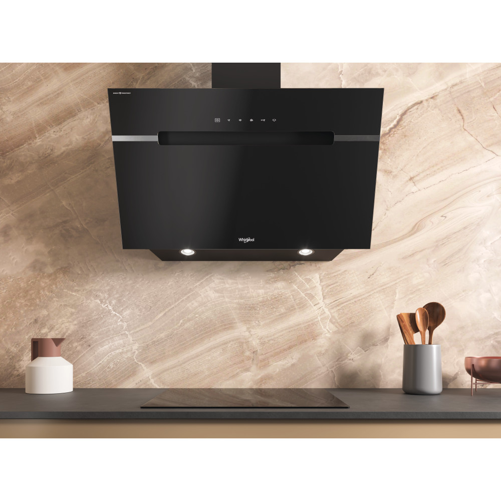 Whirlpool WHVS 91F LT DP K beépíthető falra szerelhető döntött kürtös konyhai elszívó, 89.8x36.8x147.5 cm, fekete szín 