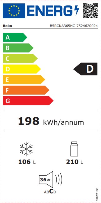 Beko B5RCNA365HG No Frost alulfagyasztós kombinált hűtőszekrény,inverteres kompresszor,186.5cm,Manhattan szürke 