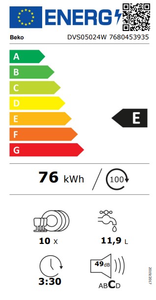 Beko DVS05024W keskeny mosogatógép, 10 teríték, 44.8x60x85 cm 