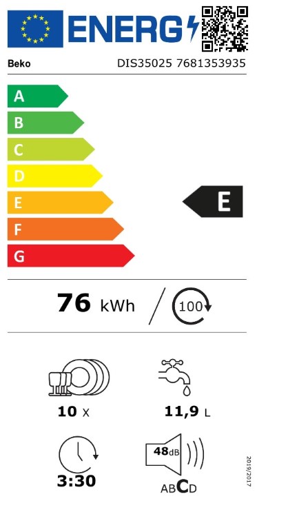 Beko DIS35025 teljesen beépíthető keskeny mosogatógép, 10 terítékes, 44.8x55x81.8 cm