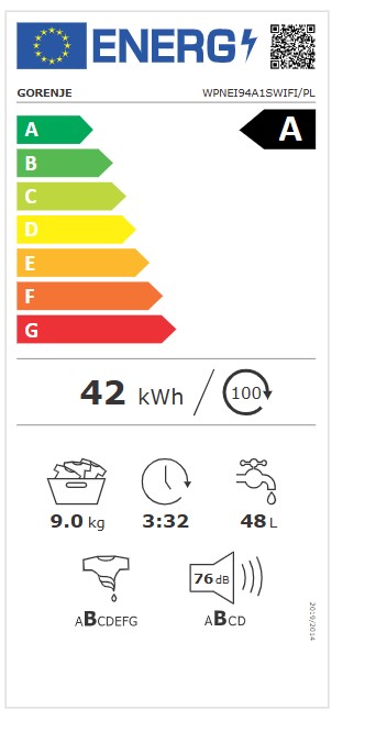 Gorenje WPNEI94A1SWIFI elöltöltős mosógép,gőzfunkció,9kg, inverter motor, 60x54.5x85 cm