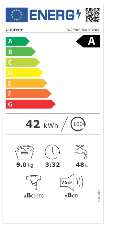 Gorenje W2PNEI94A1SWIFI elöltöltős mosógép, 9kg, inverter motor, gőzfunkció, 60x54.5x85 cm 