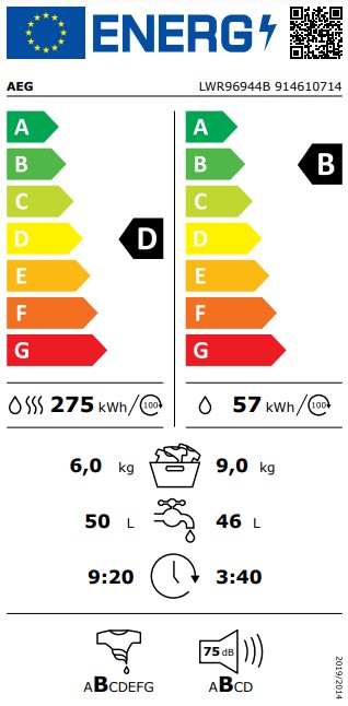 AEG LWR96944B mosó-szárítógép, hőszivattyús szárítás, gőzfunkció, 9/6kg, ökoinverter motor, 59.7x66x87cm 