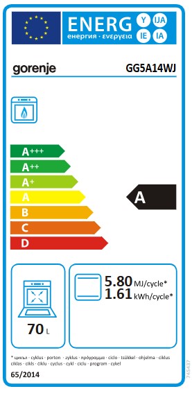 Gorenje GG5A14WJ gáztűzhely, elektromos szikragyújtás, 70L, fém dísztető, 50x59.4x85cm 