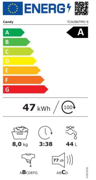 Candy TCA286TM5-S felültöltős mosógép,8kg,inverter motor,Wifi+NFC, 41x60x86 cm 