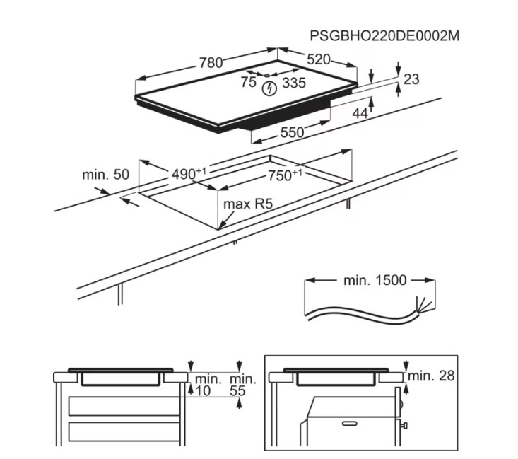 Electrolux EIV84550 beépíthető indukciós kerámialap, Bridge összekapcsolható főzőzónával, fekete, 78x52x4.4 cm 