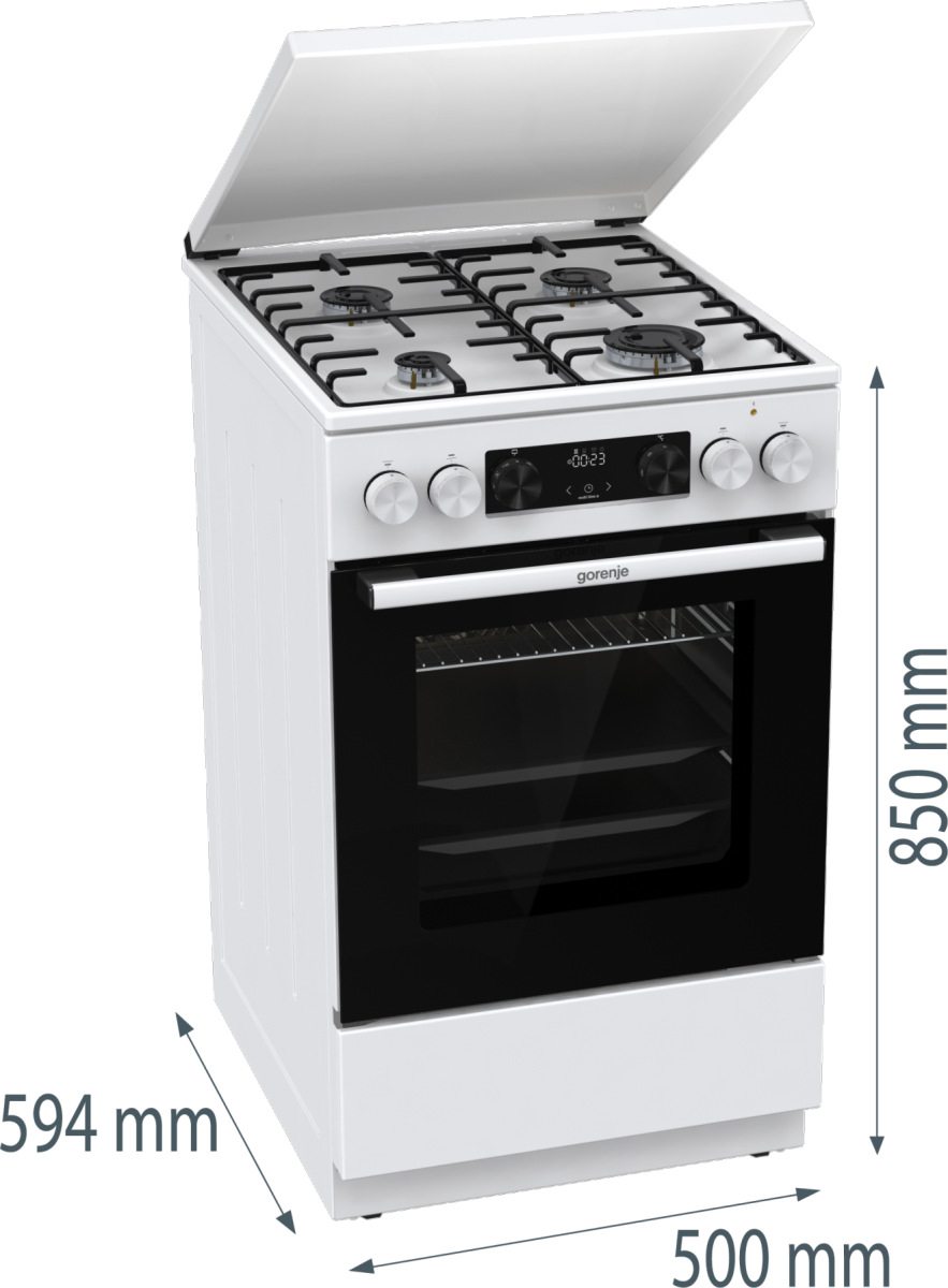Gorenje GK5C64WH kombinált tűzhely, 70 l, AirFry, hőlégbefúvás, digitális programóra, kihúzható teleszkópos sínpárral, fém dísztető, lassú sütőajtó záródás, 50x59.4x85 cm