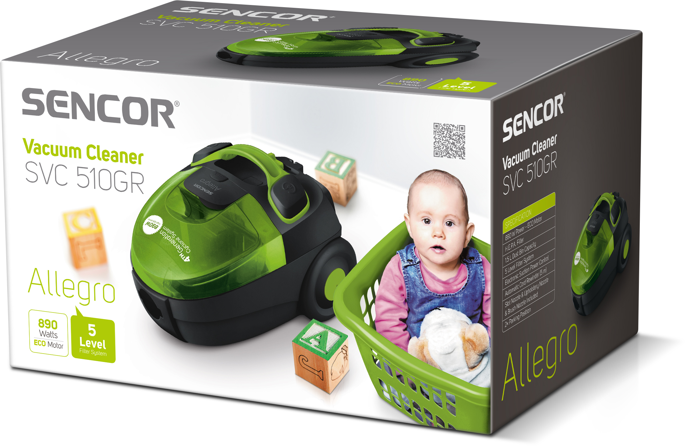 Sencor SVC510GREUE2 porzsák nélküli porszívó, 890W, fekete/zöld 
