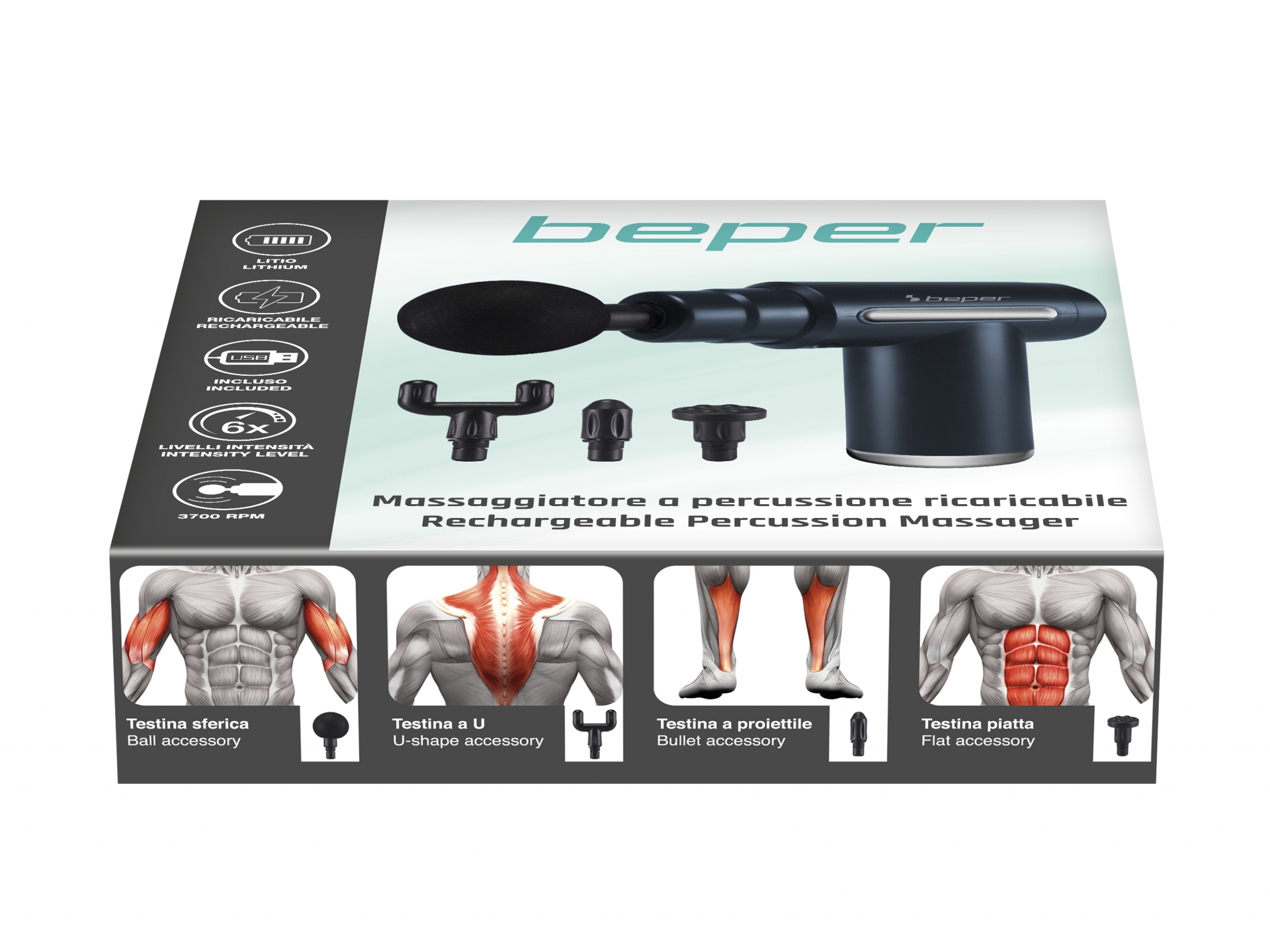Beper P302MAS002 masszáspisztoly,30W,újratölthető 4 cserélhető fejjel,6 intenzitásfokozat,fekete 