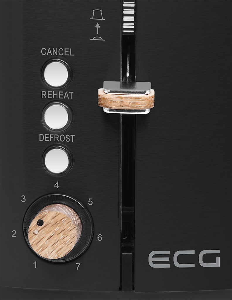 ECG ST 2768 Timber Black kenyérpiritó,eredeti fekete rozsdamentes acél kivitel, fa elemekkel,zsemlemegítő ráccsal 