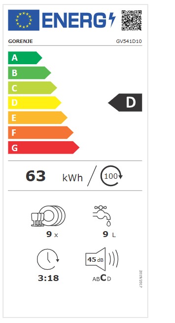 Gorenje GV541D10  teljesen beépíthető mosogatógép, 9 terítékes, inverteres Power Drive motor, automatikus ajtónyitás, 44.8x55x81.5 cm 
