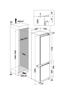 Whirlpool WHC20 T593 P Total No Frost beépíthető kombinált alulfagyasztós hűtőszekrény, 212/68L, 54x55x194 cm 