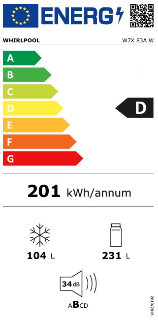 Whirlpool W7X 83A W Total No Frost alulfagyasztós kombinált hűtőszekrény, Zen Inverter Kompresszor, 231/104L, 59.6x67.8x191.2 cm