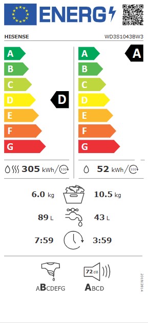 Hisense WD3S1043BW3 mosó-szárítógép,10.5/6 kg, gőz, inverter motor, 59.5x59x84.5 cm 