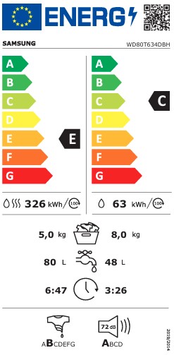 Samsung WD80T634DBH/S6 mosó-szárítógép, 8/5 kg, Wifi, gőz, inverter motor, 60x60x85 cm
