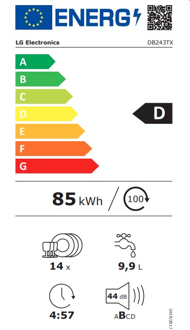LG DB243TX teljesen beépíthető mosogatógép, 14 teríték, inverter motor, 3 kosár, WIFI, 59.8x55.4x81.5 cm, nemes acél szín 