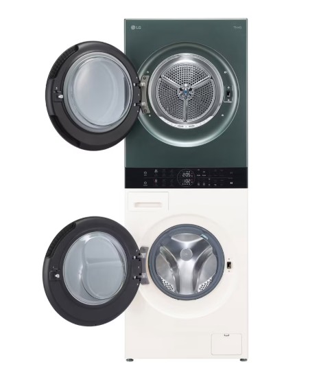 LG WT1210EGF WashTower™ elöltöltős mosógép és hőszivattyús szárítógép egybeépítve, 12/10 kg, WIFI, Direct Drive inverter motor, gőz, 60x66x165.5 cm, természetes zöld és természetes bézs szín 
