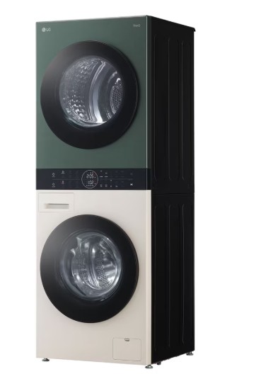 LG WT1210EGF WashTower™ elöltöltős mosógép és hőszivattyús szárítógép egybeépítve, 12/10 kg, WIFI, Direct Drive inverter motor, gőz, 60x66x165.5 cm, természetes zöld és természetes bézs szín 