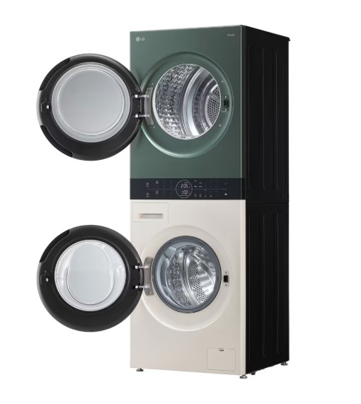 LG WT1210EGF WashTower™ elöltöltős mosógép és hőszivattyús szárítógép egybeépítve, 12/10 kg, WIFI, Direct Drive inverter motor, gőz, 60x66x165.5 cm, természetes zöld és természetes bézs szín 