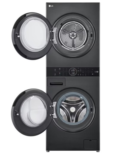 LG WT1210BBF WashTower™ elöltöltős mosógép és hőszivattyús szárítógép egybeépítve, Direct Drive inverter motor, 12/10 kg, WIFI, 60x66x165.5 cm, fekete acél szín 
