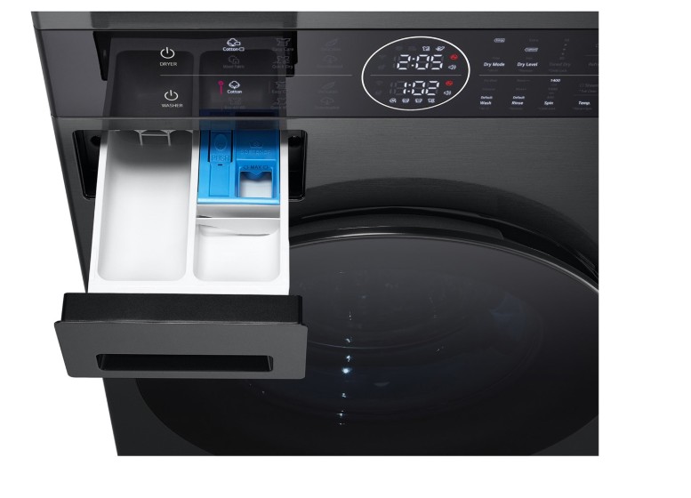 LG WT1210BBF WashTower™ elöltöltős mosógép és hőszivattyús szárítógép egybeépítve, Direct Drive inverter motor, 12/10 kg, WIFI, 60x66x165.5 cm, fekete acél szín 
