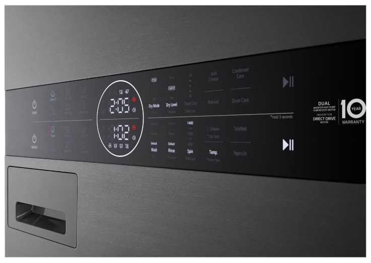 LG WT1210BBF WashTower™ elöltöltős mosógép és hőszivattyús szárítógép egybeépítve, Direct Drive inverter motor, 12/10 kg, WIFI, 60x66x165.5 cm, fekete acél szín 