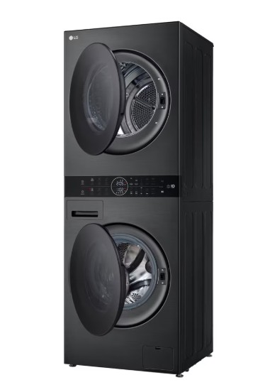 LG WT1210BBF WashTower™ elöltöltős mosógép és hőszivattyús szárítógép egybeépítve, Direct Drive inverter motor, 12/10 kg, WIFI, 60x66x165.5 cm, fekete acél szín 