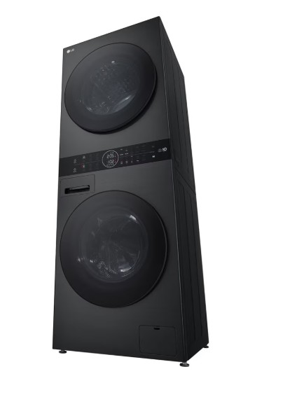 LG WT1210BBF WashTower™ elöltöltős mosógép és hőszivattyús szárítógép egybeépítve, Direct Drive inverter motor, 12/10 kg, WIFI, 60x66x165.5 cm, fekete acél szín 