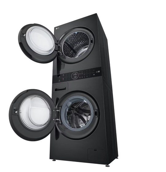 LG WT1210BBF WashTower™ elöltöltős mosógép és hőszivattyús szárítógép egybeépítve, Direct Drive inverter motor, 12/10 kg, WIFI, 60x66x165.5 cm, fekete acél szín 