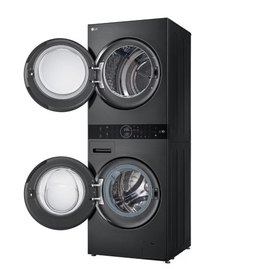 LG WT1210BBF WashTower™ elöltöltős mosógép és hőszivattyús szárítógép egybeépítve, Direct Drive inverter motor, 12/10 kg, WIFI, 60x66x165.5 cm, fekete acél szín 