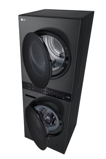 LG WT1210BBF WashTower™ elöltöltős mosógép és hőszivattyús szárítógép egybeépítve, Direct Drive inverter motor, 12/10 kg, WIFI, 60x66x165.5 cm, fekete acél szín 