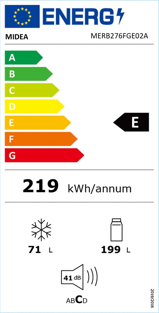 Midea MERB276FGE02A No Frost alulfagyasztós kombinált hűtőszekrény, 199/71L, 54.5x62.5x180 cm, inox 