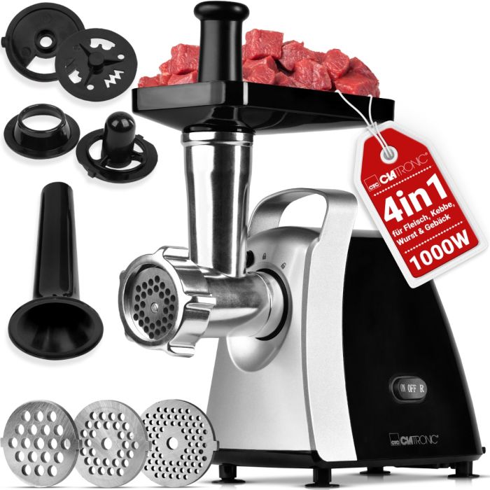 Clatronic FW 3803 húsdaráló, 1000W, fekete/ezüst, 3 fém darálótárcsa finom, normál és durva kezeléshez, 3 mm, 5 mm, 7 mm