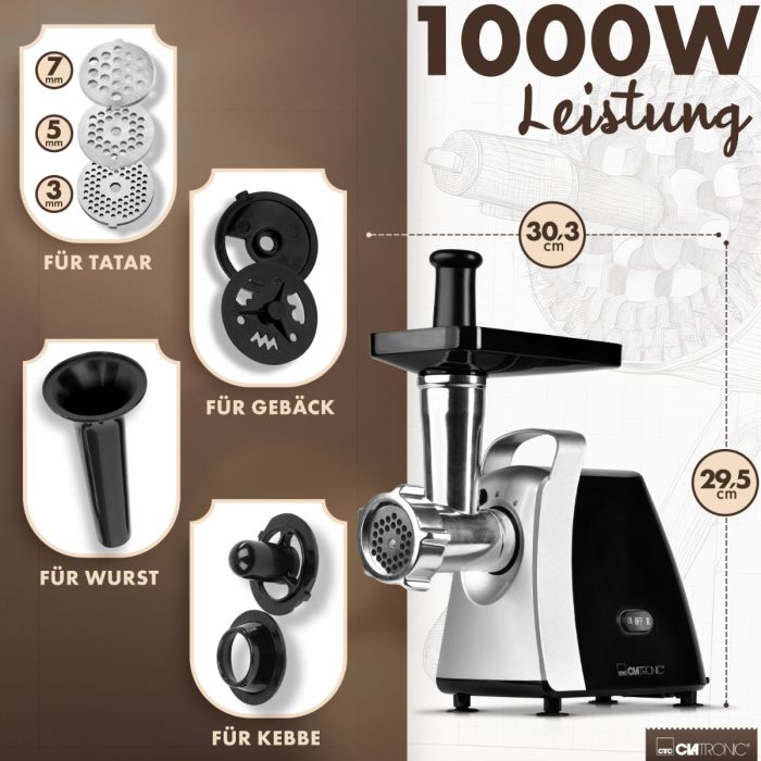 Clatronic FW 3803 húsdaráló, 1000W, fekete/ezüst, 3 fém darálótárcsa finom, normál és durva kezeléshez, 3 mm, 5 mm, 7 mm